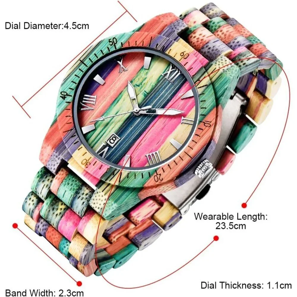 Men's Q1057 Handmade Colorful Bamboo Engraved Analog Quartz Wooden Watch